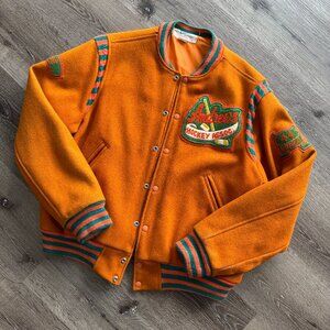 RARE 70s Vtg orange wool hockey coach varsity letterman bomber jacket / m sz M-L